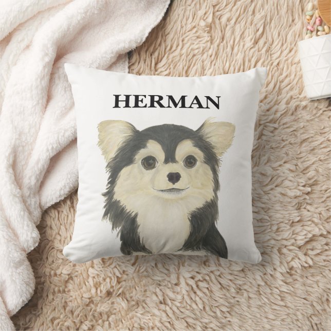 Personalized Tricolor Long Haired Chihuahua Throw Pillow (Blanket)