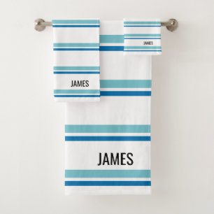 Personalized Tropical Aqua Blue And White Striped Bath Towel Set