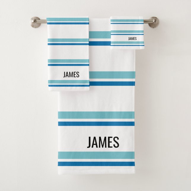 Personalized Tropical Aqua Blue And White Striped Bath Towel Set (Insitu)