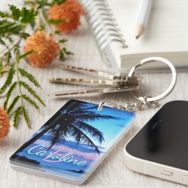Personalized Tropical Beach Ocean Sunset Photo Keychain (Front Right)