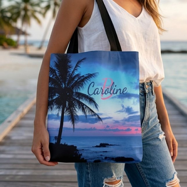 Personalized Tropical Beach Ocean Sunset Tote Bag (Creator Uploaded)