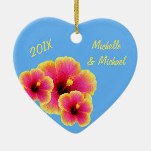 Personalized Tropical Blue Wedding Hibiscus Ceramic Ornament