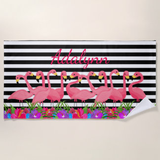 Personalized Tropical  Flamingo and Stripes Beach Towel
