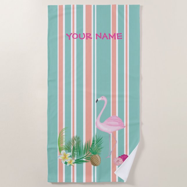 Personalized Tropical Flamingo Beach Towel (Front)