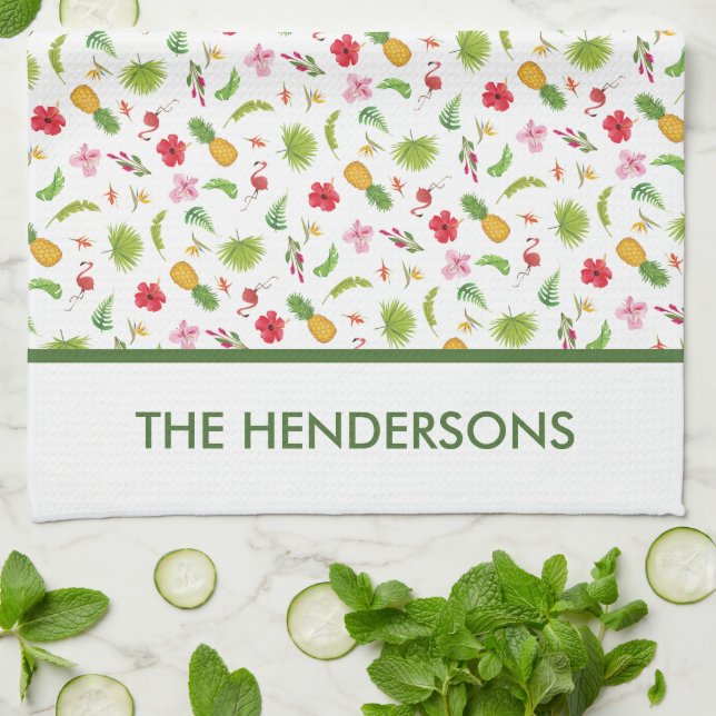 Personalized Tropical Flamingo Tea Towel, Kitchen Towel (Folded)