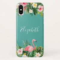 Personalized Tropical Floral Flamingo Teal