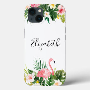 Personalized Tropical Floral Flamingo Tough iPhone 13 Case