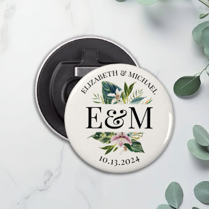 Personalized Tropical Floral Wedding Favour Button Bottle Opener