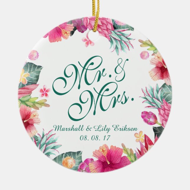 Personalized Tropical Floral Wedding | Ornament (Front)