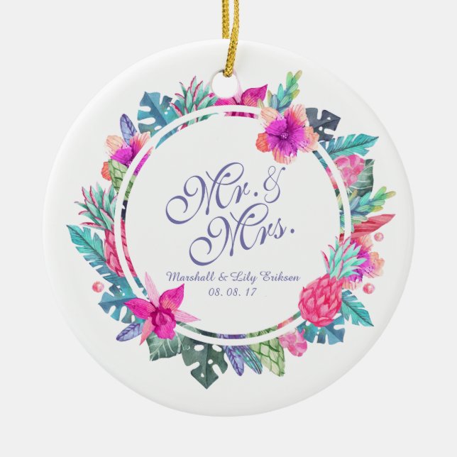 Personalized Tropical Floral Wedding | Ornament (Front)