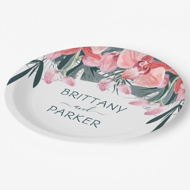 Personalized Tropical Floral Wedding Paper Plate (Angled)