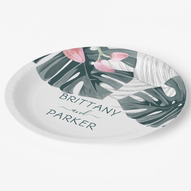 Personalized Tropical Floral Wedding Paper Plate (Angled)