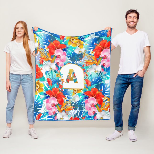 Personalized Tropical Flower Monogram EDIT INITIAL Fleece Blanket (In Situ)