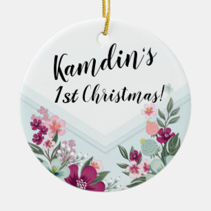 Personalized Tropical Flower on Blue Ombre Ceramic Ornament