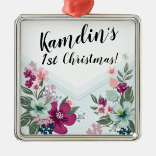Personalized Tropical Flower on Blue Ombre Metal Ornament