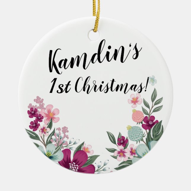 Personalized Tropical Flower on White Ceramic Ornament (Front)