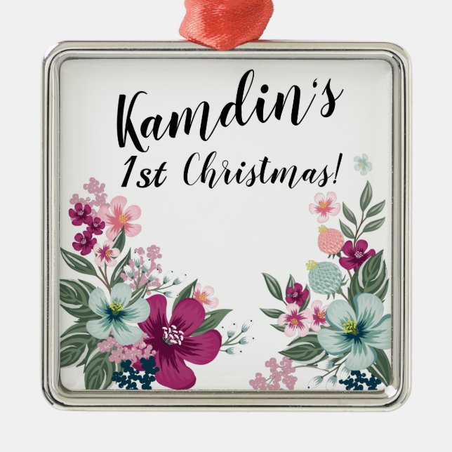 Personalized Tropical Flower on White Metal Ornament (Front)