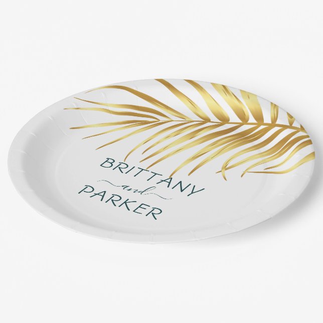 Personalized Tropical Gold Wedding Paper Plate (Angled)