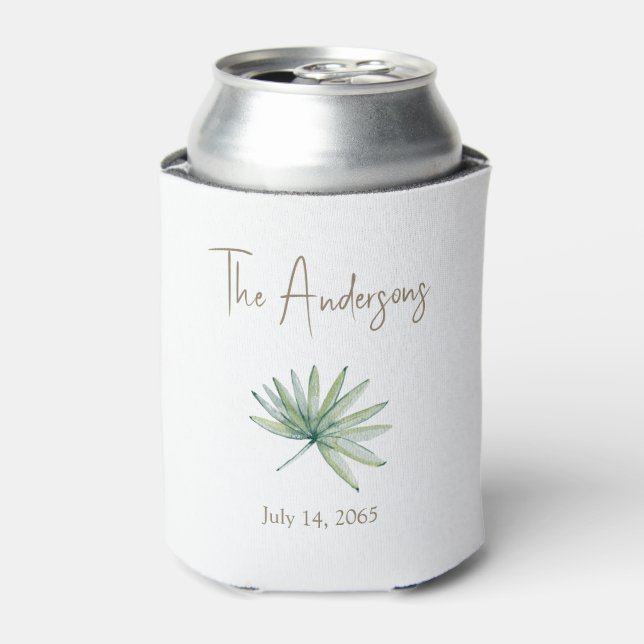 Personalized Tropical Greenery Wedding Favour Can Cooler (Can Front)