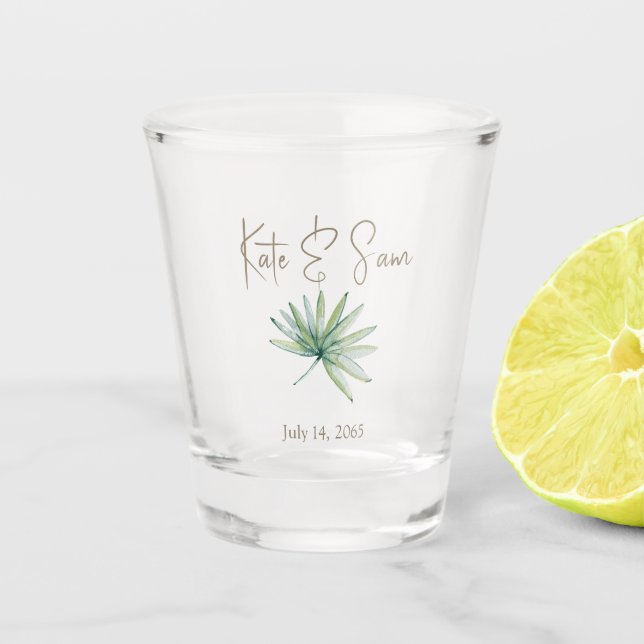 Personalized Tropical Greenery Wedding Favour Shot Glass (Front)