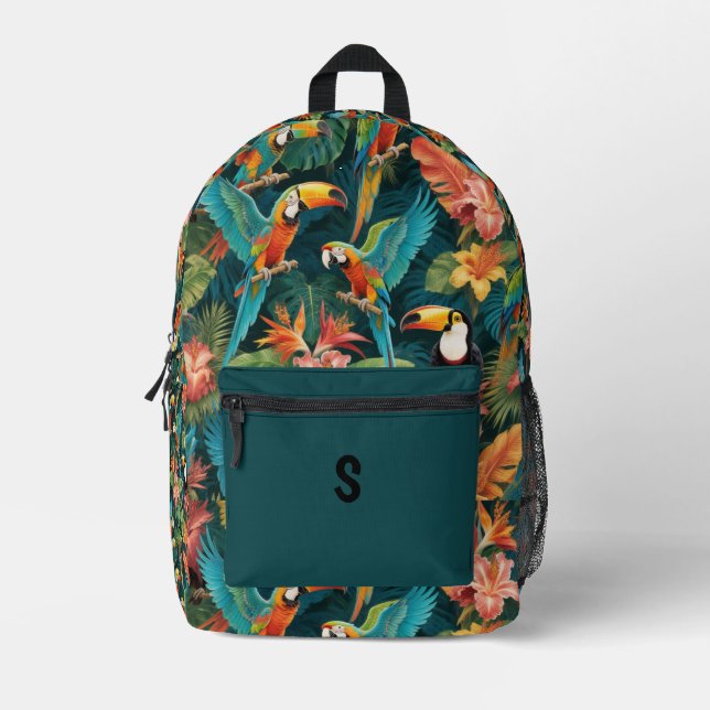 Personalized Tropical Jungle Parrot & Toucan Backp Printed Backpack (Front)