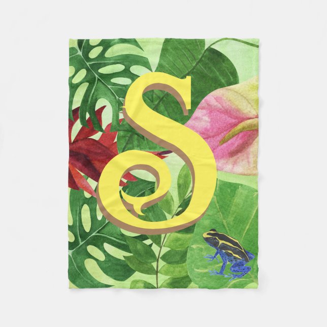 Personalized Tropical leaves Botanical jungle frog Fleece Blanket (Front)