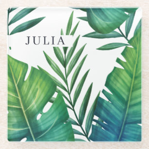 Personalized Tropical Leaves Watercolor Glass Coaster