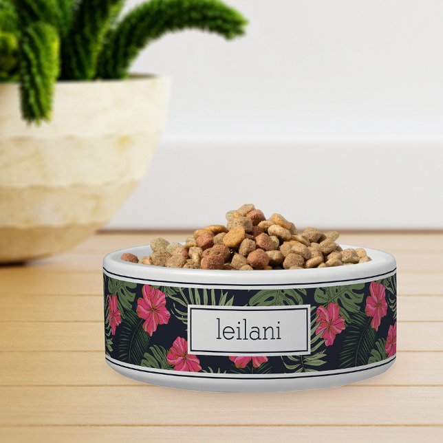 Personalized Tropical Magenta Hibiscus Pattern Pet Bowl (Creator Uploaded)