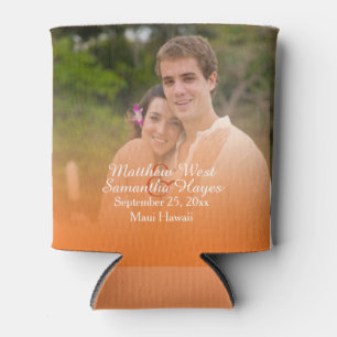 Personalized Tropical Orange Beach Wedding Photo Can Cooler