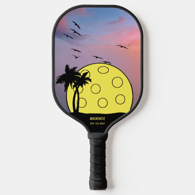 Personalized Tropical Palm Tree Ball Name Phone # Pickleball Paddle (Front)