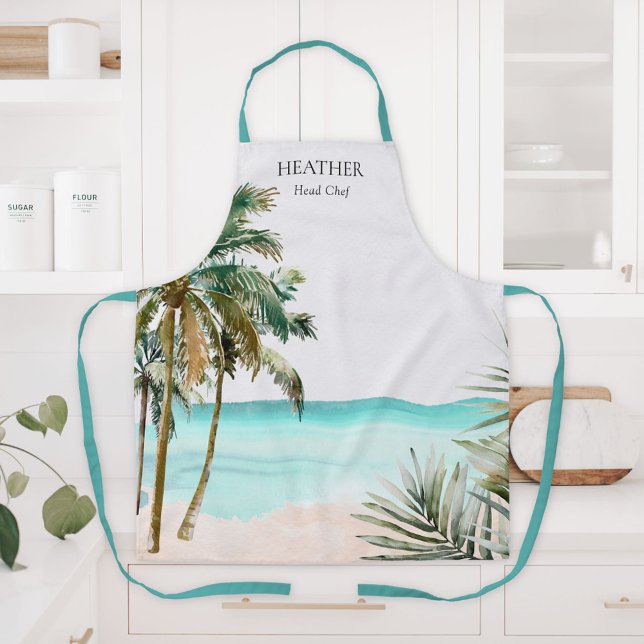 Personalized Tropical Palm Tree Leaves Blue Beach Apron (In situ)