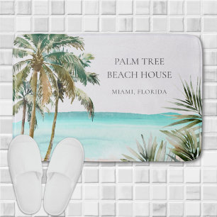 Personalized Tropical Palm Tree Leaves Blue Beach Bath Mat