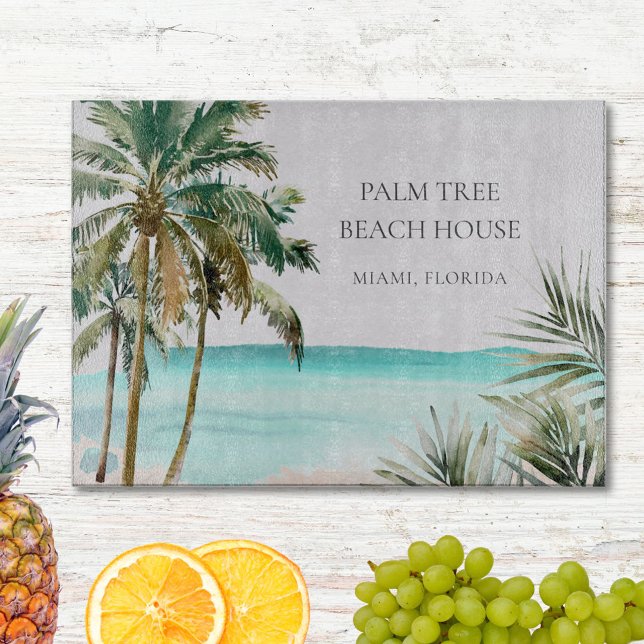 Personalized Tropical Palm Tree Leaves Blue Beach Cutting Board (In situ)