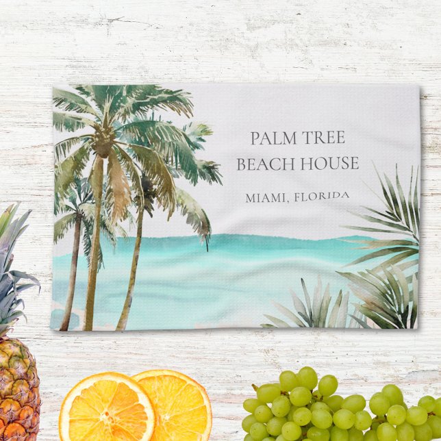 Personalized Tropical Palm Tree Leaves Blue Beach Kitchen Towel (In situ)