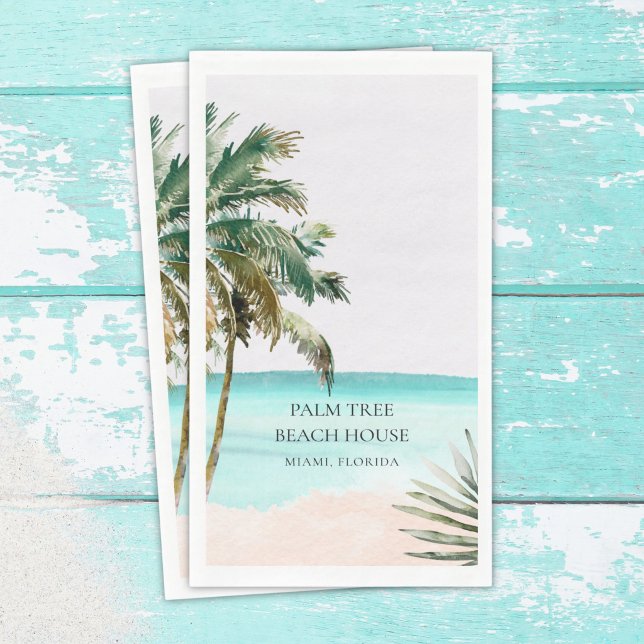 Personalized Tropical Palm Tree Leaves Blue Beach Napkin (Creator Uploaded)