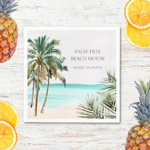 Personalized Tropical Palm Tree Leaves Blue Beach Napkin