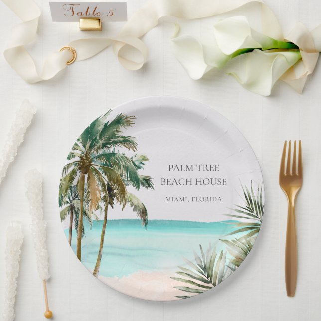 Personalized Tropical Palm Tree Leaves Blue Beach Paper Plate (Wedding)