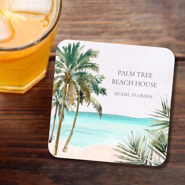 Personalized Tropical Palm Tree Leaves Blue Beach Square Paper Coaster (In situ)