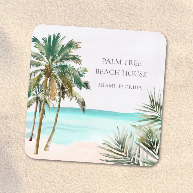 Personalized Tropical Palm Tree Leaves Blue Beach Square Sticker (Close up)