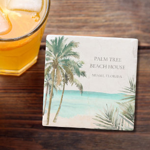 Personalized Tropical Palm Tree Leaves Blue Beach Stone Coaster