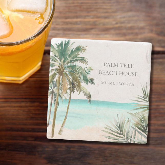 Personalized Tropical Palm Tree Leaves Blue Beach Stone Coaster (In situ)