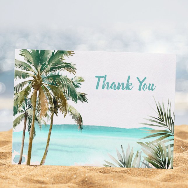 Personalized Tropical Palm Tree Leaves Blue Beach Thank You Card (In situ)