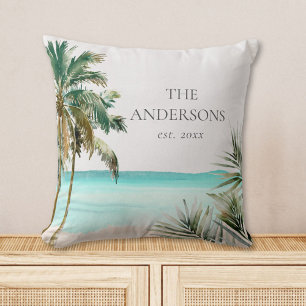 Personalized Tropical Palm Tree Leaves Blue Beach Throw Pillow