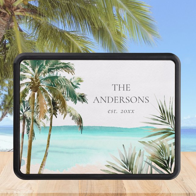 Personalized Tropical Palm Tree Leaves Blue Beach Trailer Hitch Cover (Close up)
