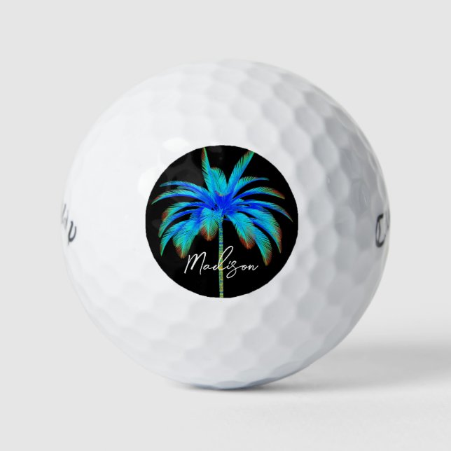 Personalized Tropical Palm Tree Script Ladies Golf Balls (Front)