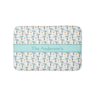 Personalized Tropical Palm Tree Sunshine Teal  Bath Mat