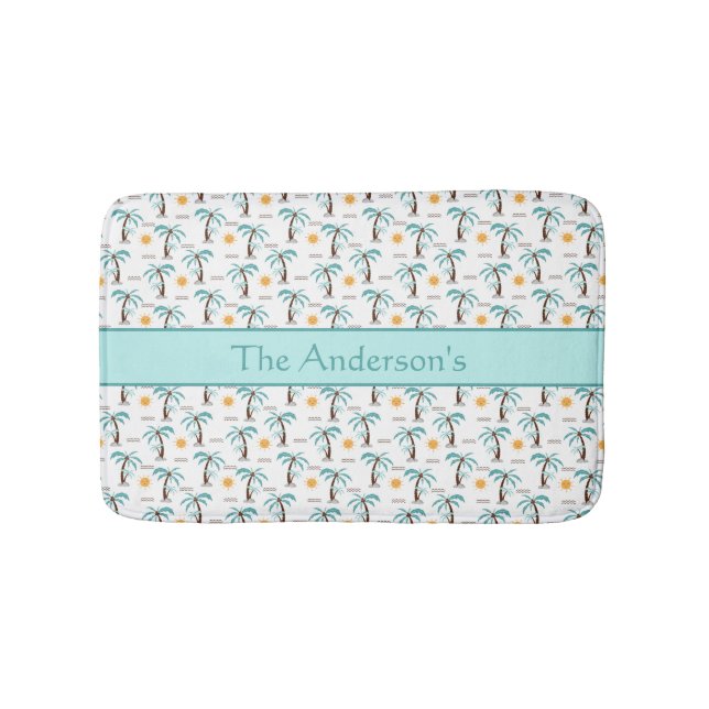 Personalized Tropical Palm Tree Sunshine Teal  Bath Mat (Front)
