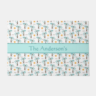 Personalized Tropical Palm Tree Sunshine Teal Doormat