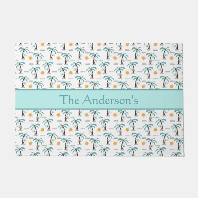 Personalized Tropical Palm Tree Sunshine Teal  Doormat (Front)