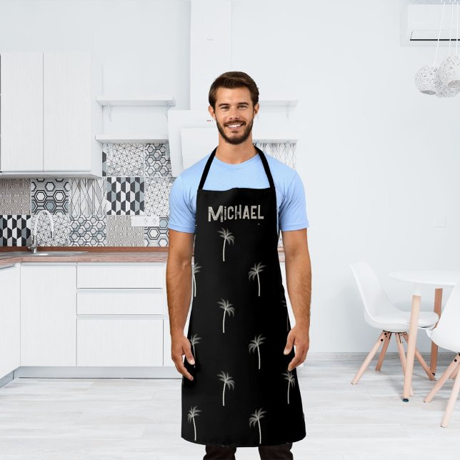 Personalized Tropical Palm Trees Custom Name Black Apron (Creator Uploaded)
